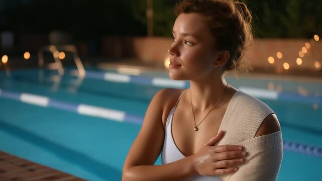 Injured swimmer with shoulder dislocation in pool setting