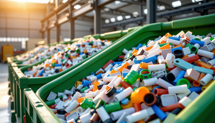 Obraz premium Recycled plastic tubes in large green containers inside factory with sunlight creating warm atmosphere