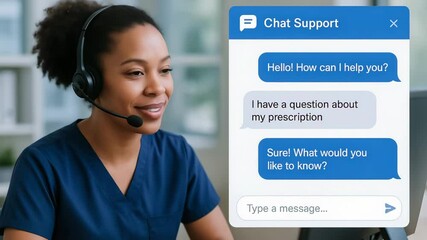 Healthcare call center tech chat support providing friendly assistance answering prescription questions with professionalism modern office environment - Powered by Adobe