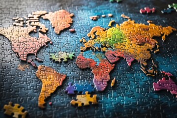Conceptual art of global strategy with puzzle world map assembling