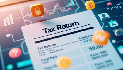 Tax return document with financial icons and charts, symbolizing secure online tax filing and financial data management