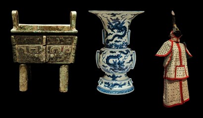 Ancient Chinese artifacts: a bronze vessel, a blue and white porcelain vase with dragon motifs, and a ceremonial robe.  Exquisite craftsmanship and rich history are evident in these pieces.