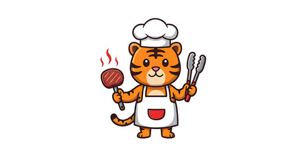 Cartoon tiger chef cooking steak illustration