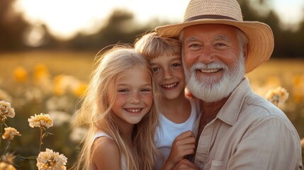 3d render Grandfather's Joy: Family Portrait in a Sunflower Field AI generative