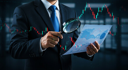 Man in suit analyzing stock market data with magnifying glass and chart overlay, financial analysis