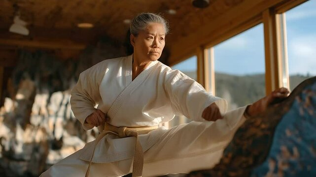 Master taekwondo instructor demonstrating kick with nunchaku
