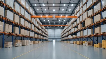 Opening shot showing empty warehouse aisle with polished concrete floor, shelving racks and pallets - Powered by Adobe