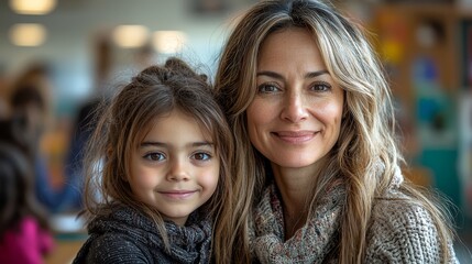 A joyful mother and daughter share a heartwarming moment, smiling together in a bright, cheerful classroom setting filled with colorful art