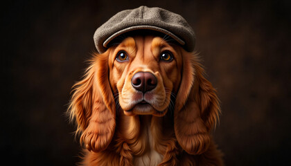 Dog wearing a cap with a thoughtful expression against a dark background  