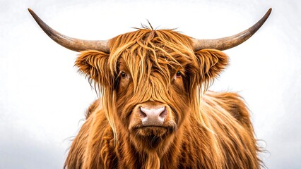 Highland cow portrait with long hair, isolated on white background
