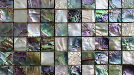 Square abalone shell. The color tone changes from green to purple with an iridescent effect. Each tile has unique colors and textures that resemble natural gemstones.