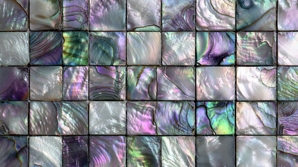 Square abalone shell. The color tone changes from green to purple with an iridescent effect. Each tile has unique colors and textures that resemble natural gemstones.