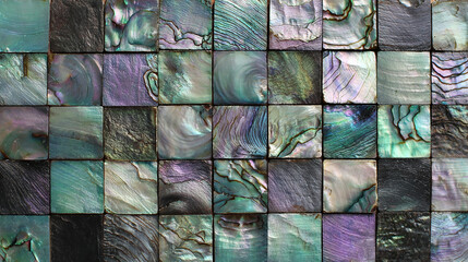 Square abalone shell. The color tone changes from green to purple with an iridescent effect. Each tile has unique colors and textures that resemble natural gemstones.