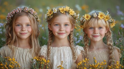 Three young girls adorned with flower crowns, standing together in a vibrant meadow full of blooming wildflowers and sunlight