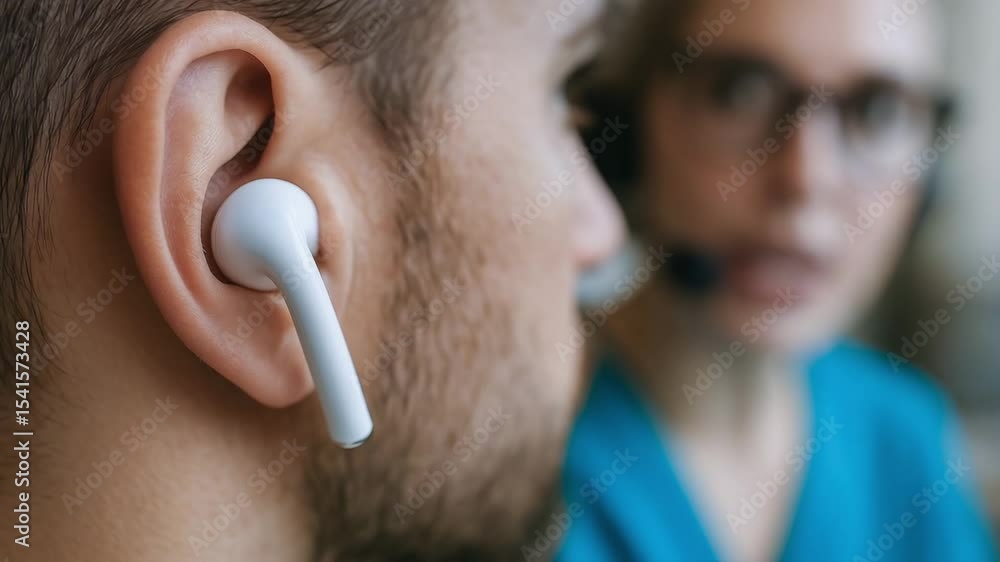 Poster wireless earbud worn by man in healthcare call center with tech support communication enhancing seam