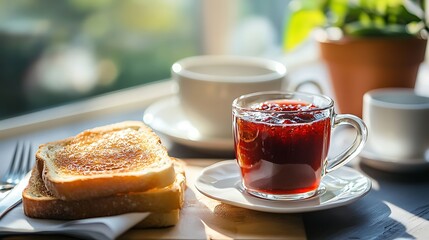 Nice tasty breakfast with toast jam and tea