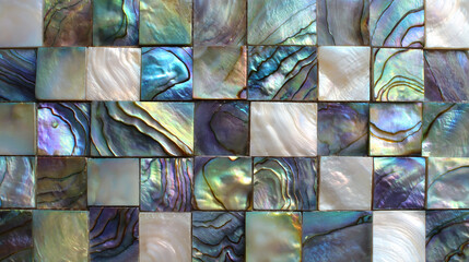 Square abalone shell. The color tone changes from green to purple with an iridescent effect. Each tile has unique colors and textures that resemble natural gemstones.