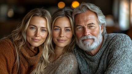 Warm family moment captured in a cozy environment with a smiling trio of adults showcasing love and connection