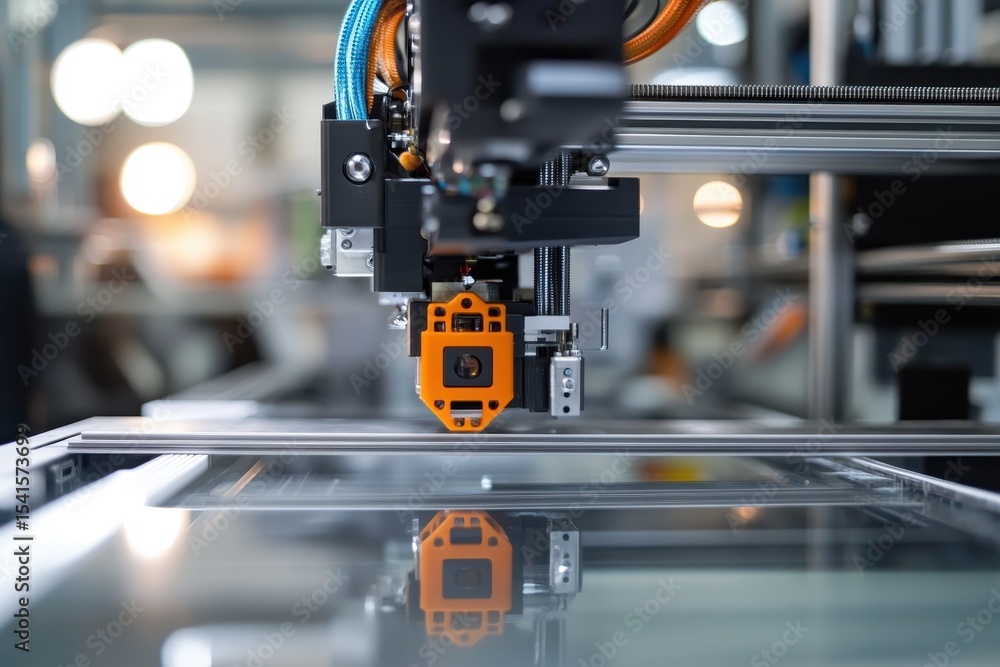 Aufkleber advanced 3d printer operates in a modern workshop during daylight