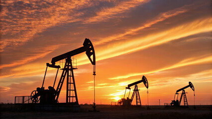 Oil pumpjack sunset industry energy landscape silhouette sky field dramatic economic impact rural extraction power. Economic impact and effect of oil, energy security, financial market connection