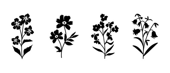 Set of hand drawn vintage flower silhouettes. Wildflower vector illustrations. Forget me nots, cosmos, wallflower, and bluebell clipart silhouettes. Isolated elements. 