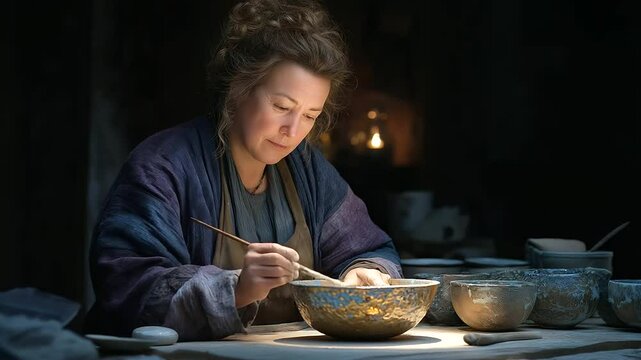 Potter Glazing a Bowl with Careful Attention to Detail
