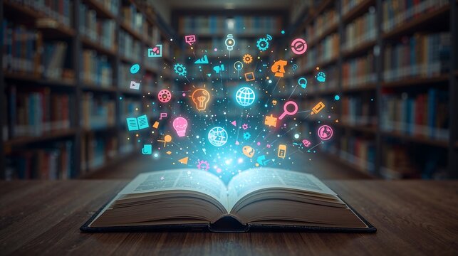 Open Book on Wooden Table with Glowing Colorful Icons and Library Background image