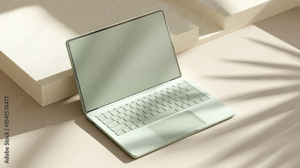 Poster modern sage green laptop computer on beige surface with soft light and shadow