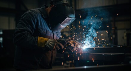 Skilled welder performing intricate metalwork in a workshop, sparks flying against a dimly lit backdrop