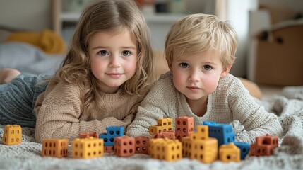 Two children playing with colorful building blocks on a cozy indoor carpet, capturing a moment of creativity and friendship