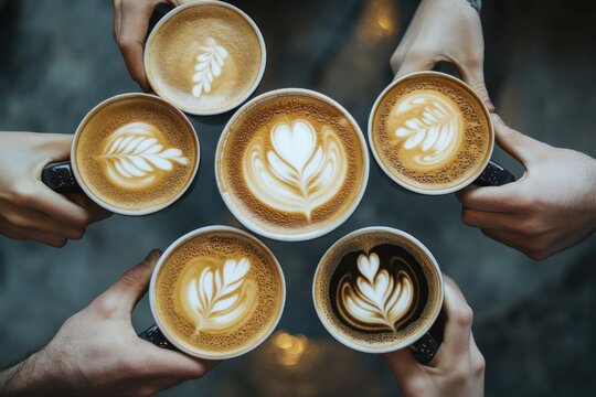 Coffee cheers captured from above, showing foam art and unity