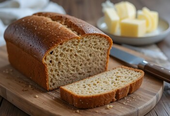 Close-up of homemade rye bread loaf on rustic cutting board, with butter knife and fresh butter curls nearby.