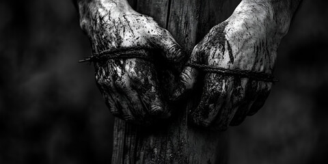 Hands Tied with Ropes in Black and White, Struggle and Captivity Concept  

