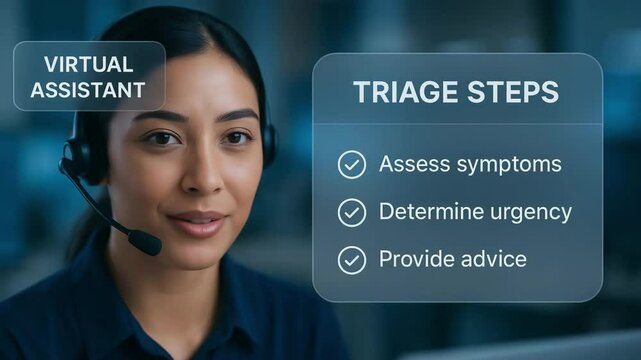 Healthcare call center tech virtual assistant triage symptoms assess urgency provide advice efficient patient triage steps with friendly expression