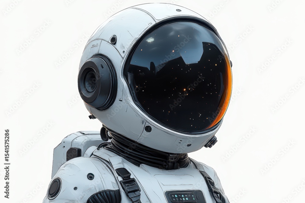 Poster robot astronaut standing against a white backdrop, showcasing modern design and advanced technology 