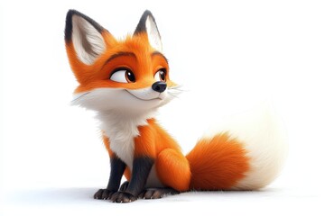 Fototapeta premium Cute animated fox character with fluffy tail sits playfully in a bright setting during daytime