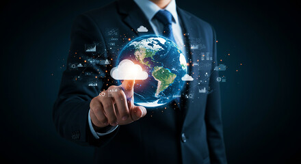 A person in a suit touching a digital globe with cloud icons and data visualizations around it