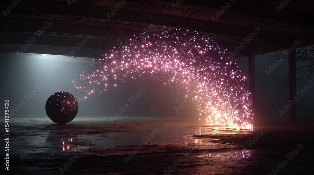 Aufkleber glowing sphere and particle arc in dark digital environment