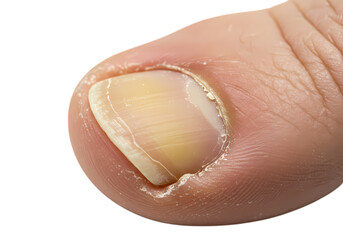 Fototapeta premium Closeup of a Fingernail with Yellow Discoloration and Damage isolated on transparent baackground