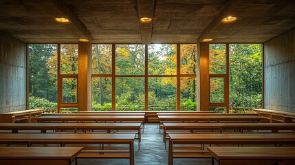 Modern classroom with wooden tables overlooking vibrant autumn forest through large glass windows