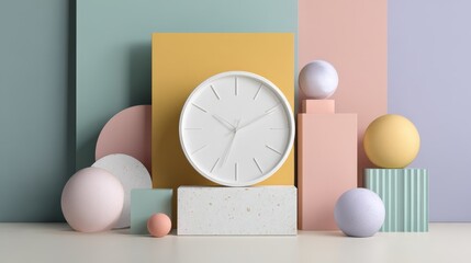 Stylish White Clock on Pastel Geometric Background with Spheres Minimalist Timepiece Design Concept