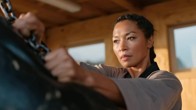 Taekwondo Master Demonstrating Technique with Nunchaku and Pad