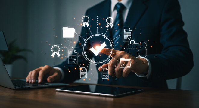 A man in a suit interacting with digital icons representing quality control and document management system