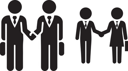 Two black human figures shaking hands, vector business icon