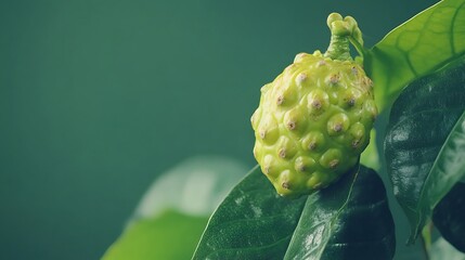 Noni fruit with leaf on green background full depth of field