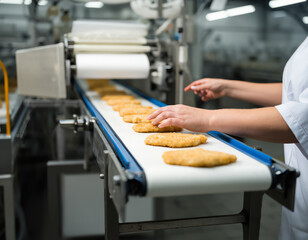 The worker in the factory places the chicken schnitzel