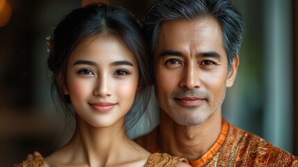 A heartfelt portrait of a young woman and mature man in traditional attire, showcasing a beautiful bond and cultural connection