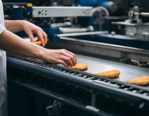 The worker in the factory places the chicken schnitzel
