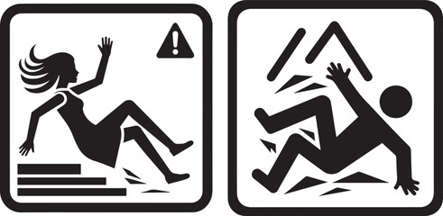 Human falling or stumbling, black vector icon for warning signs