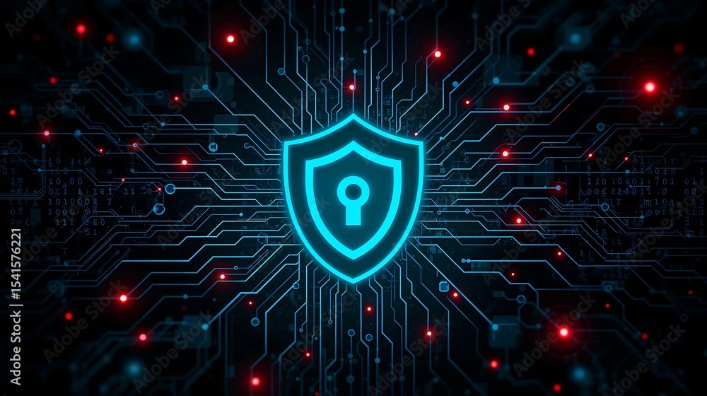 Aufkleber futuristic cyan security shield digital circuit board background red glowing nodes image